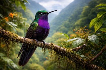 Fototapeta premium Vibrant Mountain Velvetbreast Hummingbird perched on a branch with lush foliage