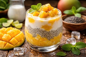 Obraz premium Sweet mango treat combining basil seed jelly and creamy milk