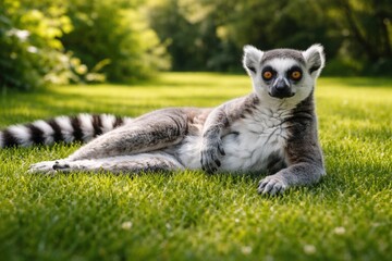 Fototapeta premium Content lemur pet lounging on fresh green grass lawn during a bright summer day captured in full length