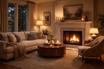 Obraz premium Cozy living room interior featuring a soft couch, elegant chair, and glowing fireplace