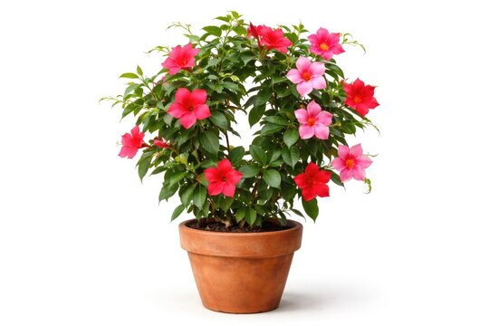 Bright mandevilla vine in a terracotta pot shown from the front against a clean white backdrop