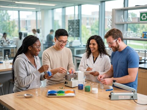 Multi-ethnic group of young researchers collaborating on a plastic polymer project in a modern laboratory setting