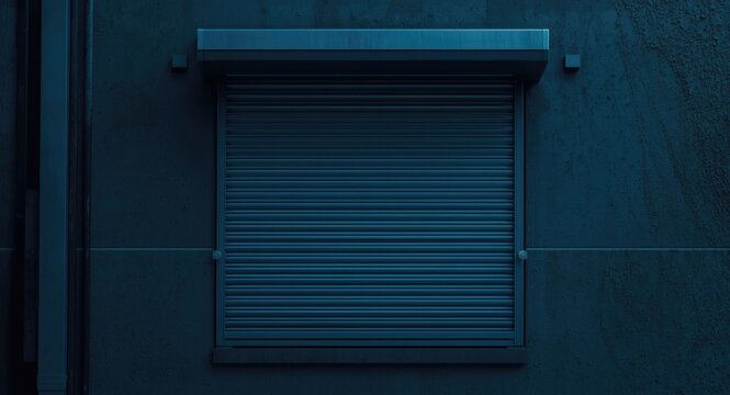 Exterior window protected by industrial hurricane shutters during storm preparation