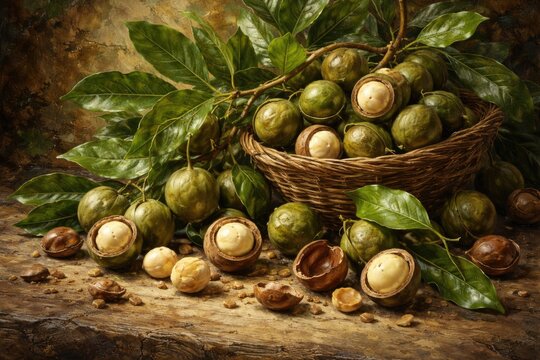 Detailed oil painting of freshly picked macadamia nuts with lush green leaves