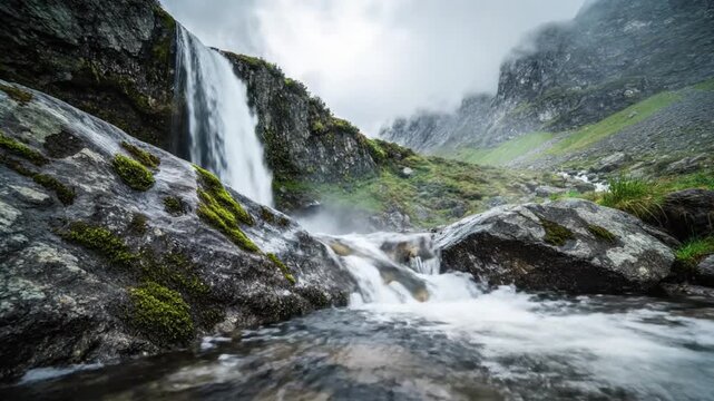 Water cascades down rugged rocky slope with lush greenery and misty atmosphere in serene natural landscape