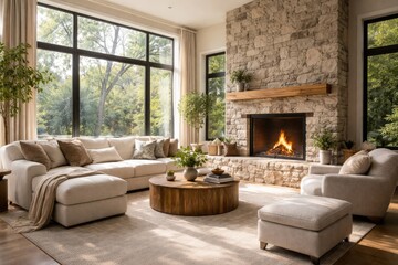 Obraz premium Comfortable modern living area with a stone fireplace and natural light inside