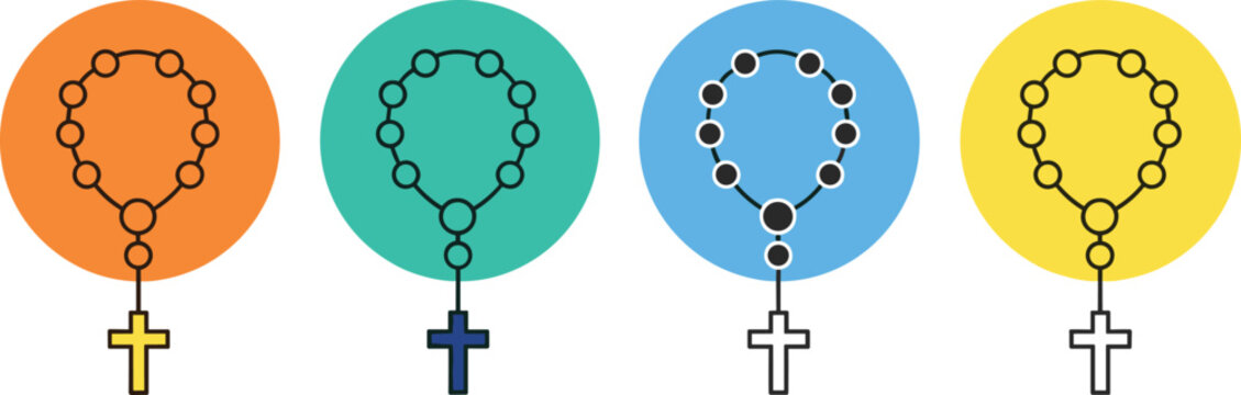 Rosary Beads Icon Set with Cross Symbols in Different Colors for Religious, Spiritual, and Christian Faith-Based Designs