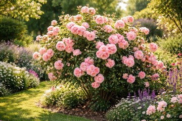 Obraz premium Joyful pink rose shrub flowering fully in summer garden setting