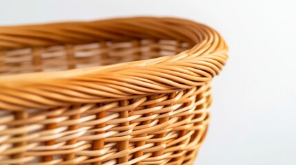 Obraz premium Macro shot of golden-brown woven wicker basket's intricate rim and side pattern, emphasizing natural texture and artisan craft on a clean white backdrop. Rattan, Weaving