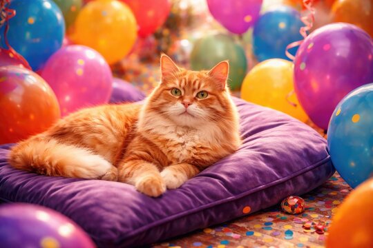 Content red cat lounging on purple cushion surrounded by vibrant balloons in a cheerful festive setting