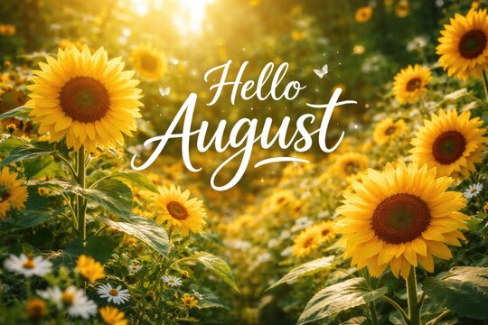 Sunny floral scene featuring Hello August text over sunflower garden
