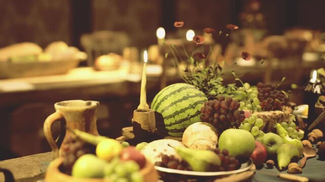 Warm candlelit still life table with overflowing fruit platter featuring grapes, watermelon, pears and apples beside ceramic jug and glowing candles, rustic
