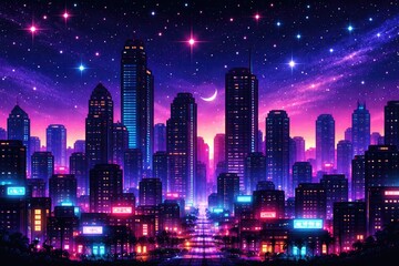 Fototapeta premium Retro pixel style neon cityscape featuring high rise silhouettes and sparkling stars for vibrant game scene