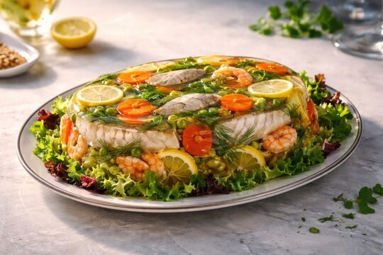 Tasty fish aspic presented on a luminous tabletop with copy space