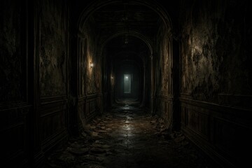 Obraz premium Mysterious tunnel hallway of an old abandoned house with haunting darkness