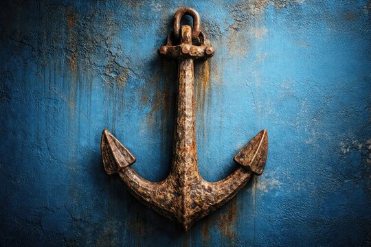 weathered metal anchor on vibrant blue wall showing storm aged texture and smooth background