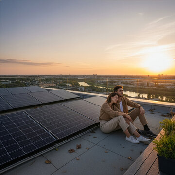 couple sitting on solar rooftop looking at sunset sustainable lifestyle