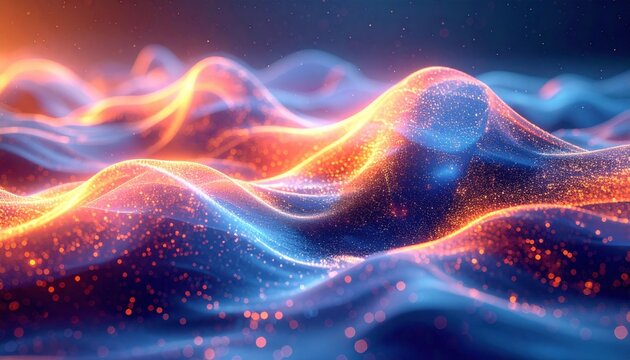 Abstract Visualization of Quantum Interference Depicted as Overlapping Waves of Glowing Particles and Light