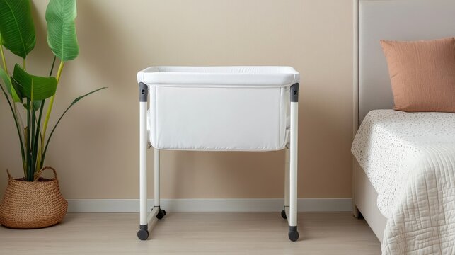 Minimalist white portable baby bassinet on wheels in a bright, modern bedroom next to a bed and potted plant. Serene infant sleep solution.,Co-sleeper ,Nursery