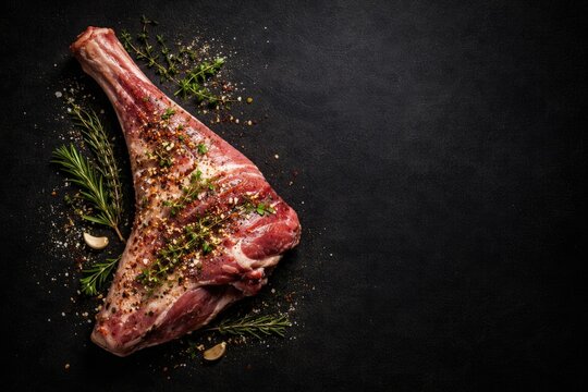 Top view of herb seasoned goat leg meat on the bone against black copy space