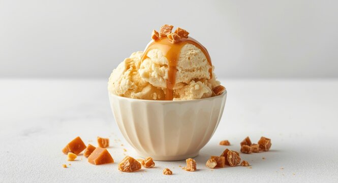 Classic creamy caramel ice cream with caramel chunk garnish on a neutral white backdrop