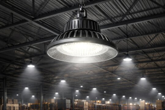High bay lighting setup with a bright LED industrial lamp illuminating warehouse roof interior