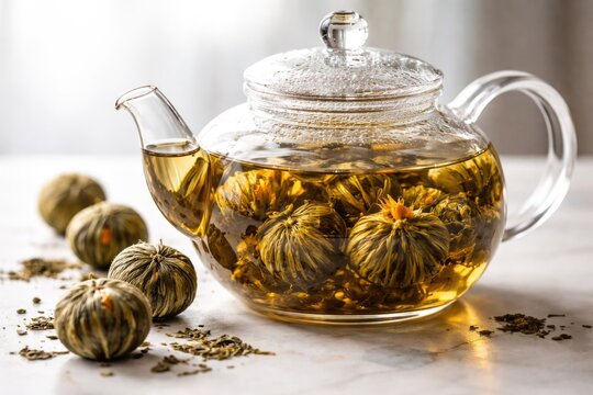 Closeup of glass teapot with dried green tea balls brewing on white surface
