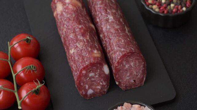 Smoked or dry cured salami slices or ham with salt and spices. Smoked sausage slices as a food background for your design