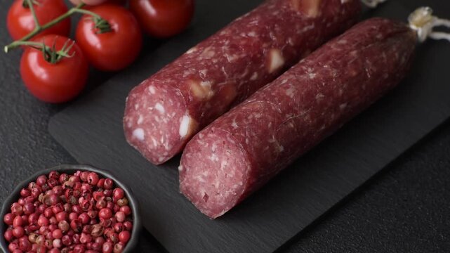 Smoked or dry cured salami slices or ham with salt and spices. Smoked sausage slices as a food background for your design