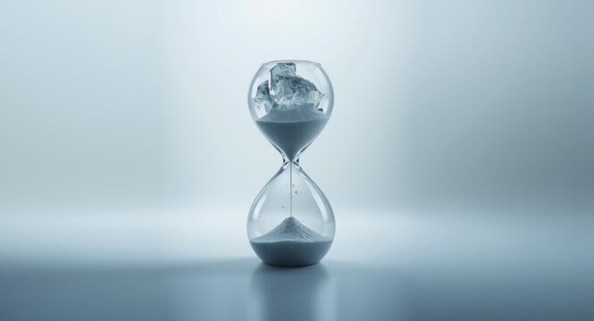 Visual concept of planetary warming with an hourglass melting iceberg representing time running out