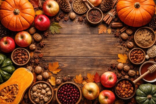 Top view of autumn food ingredients including pumpkins apples nuts and spices with text space