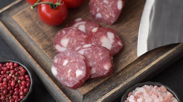 Smoked or dry cured salami slices or ham with salt and spices. Smoked sausage slices as a food background for your design