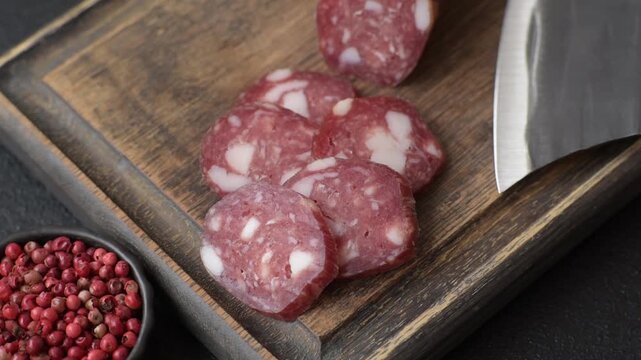 Smoked or dry cured salami slices or ham with salt and spices. Smoked sausage slices as a food background for your design