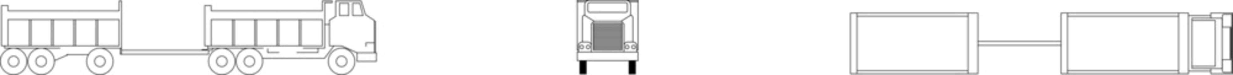Technical engineering drawing of a heavy dump truck showing side, front, and top orthographic views with multiple axles and large cargo bed. © Riki