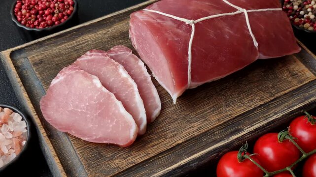 Smoked or dry cured meat slices, pork or ham with salt and spices. Smoked meat slices as a food background for your design