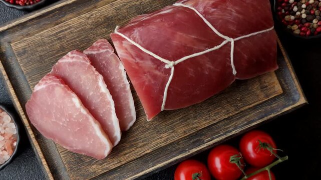 Smoked or dry cured meat slices, pork or ham with salt and spices. Smoked meat slices as a food background for your design