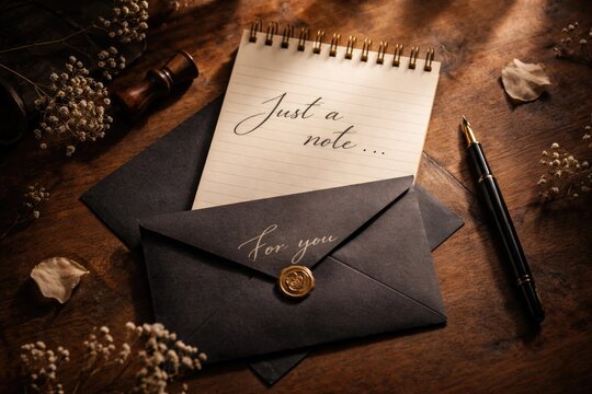 Notepad with handwritten message on a dark envelope against a softly lit backdrop
