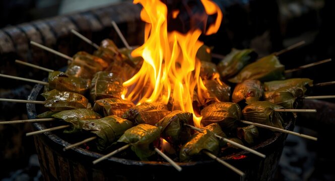 Traditional festive Lemang cooked by fire roasting coconut infused sticky rice wrapped in banana leaves