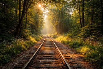 Fototapeta premium Sunlit railroad trail surrounded by trees perfect for outdoor activity planning