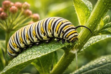 Naklejka premium Detailed image of a Monarch butterfly larva grazing on lush milkweed plant