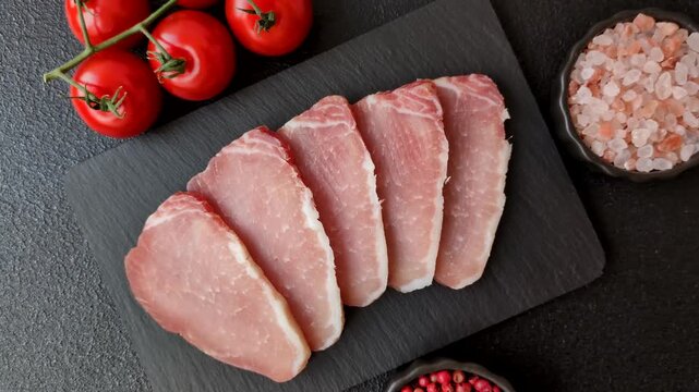Smoked or dry cured meat slices, pork or ham with salt and spices. Smoked meat slices as a food background for your design