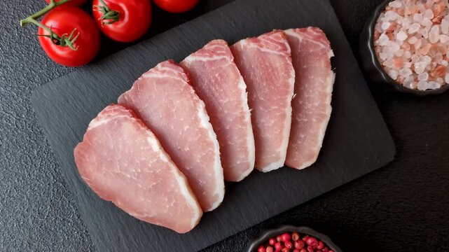 Smoked or dry cured meat slices, pork or ham with salt and spices. Smoked meat slices as a food background for your design