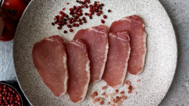 Smoked or dry cured meat slices, pork or ham with salt and spices. Smoked meat slices as a food background for your design