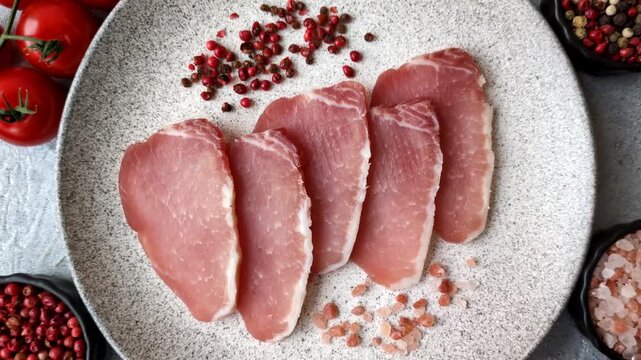 Smoked or dry cured meat slices, pork or ham with salt and spices. Smoked meat slices as a food background for your design