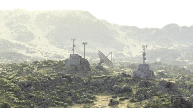 Remote telemetry array scattered across rocky valley with multiple antenna masts and small radomes, winding access tracks, green scrub, soft morning haze,