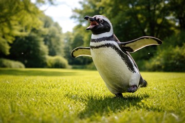 Fototapeta premium Joyful Magellanic penguin pet frolicking on expansive green grass lawn under bright summer sky