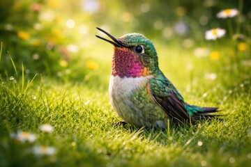 Fototapeta premium Joyful pet hummingbird enjoying a summer day on lush green grass in a full length view