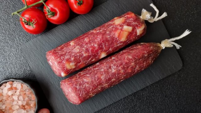 Smoked or dry cured salami slices or ham with salt and spices. Smoked sausage slices as a food background for your design