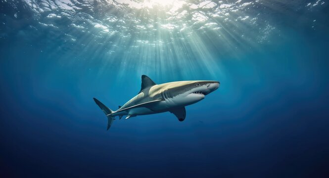 Thresher sharks exploring underwater seascape with sunlight rays
