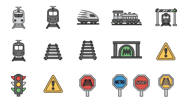 Traffic signs and train transport icons.